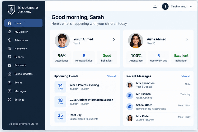 Parent portal showing attendance, homework, events and school messages for two children