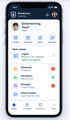 Brookmere Academy mobile student app showing next lesson, homework, attendance and messages