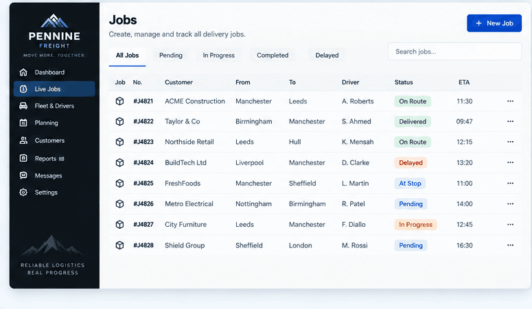 Compact dispatch jobs list showing route, driver, status and ETA across active work