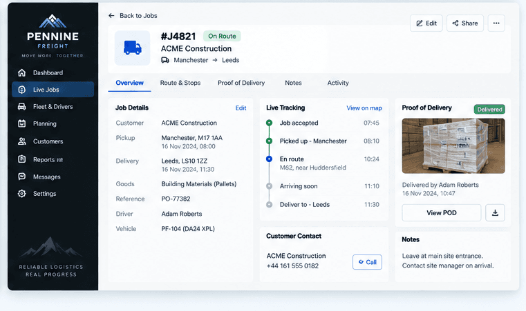 Single-job operations view with route timeline, delivery details and proof of delivery