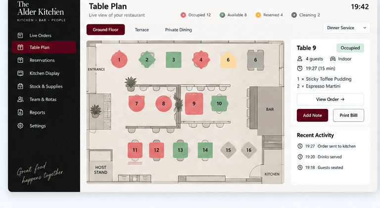 Live restaurant floor plan showing occupied, available, reserved and cleaning tables
