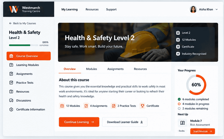 Westmarch course learning screen showing modules and learner progress