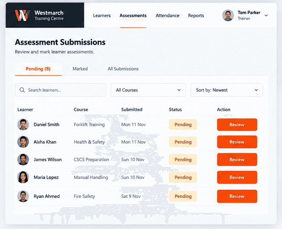 Westmarch trainer assessment queue showing learner submissions