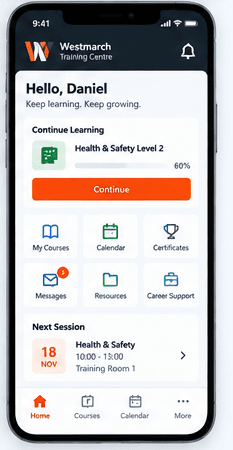 Westmarch mobile learner app showing current learning and upcoming training